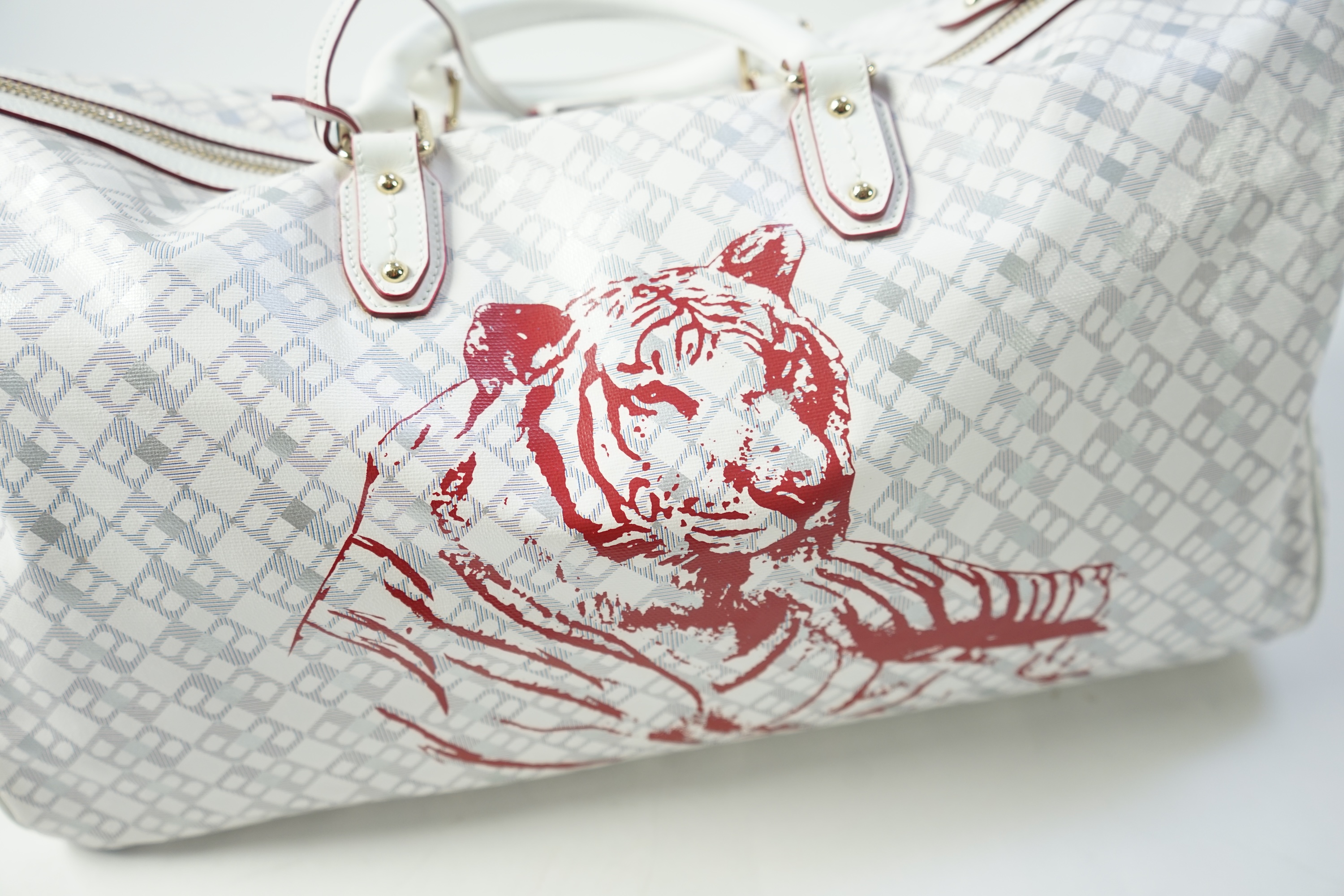 A large white monogram Bally weekend bag 'Berlinda' with red tiger detail